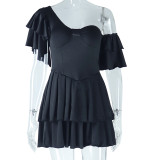 Women Solid Ruffle Sleeve Irregular Slash Shoulder Cascading Ruffles Dress