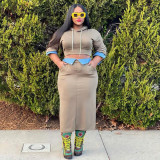 Women Winter Casual Long Sleeve Hoodies and Denim Patchwork Slit Skirt Two-piece Set