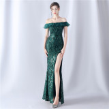 Women sequined ruffle off-the-shoulder Evening Dress