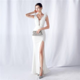 Women Wedding Ruffle Slit Dinner Evening Dress