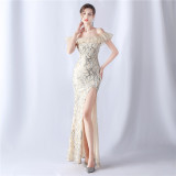 Women sequined ruffle off-the-shoulder Evening Dress