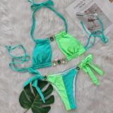 Women Crystal Diamond Bikini Sexy Colorblock Lace-Up Two Pieces Swimwear