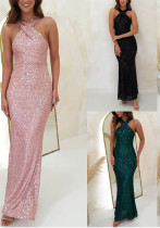 Women Sexy Backless Sleeveless Sequin Maxi Evening Dress