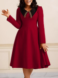 African Women Solid Long Sleeve Turndown Collar Elegant Dress