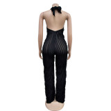 Fashion Women's Solid Color Low Back Deep V Halter Neck Jumpsuit