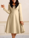 African Women Solid Long Sleeve Turndown Collar Elegant Dress