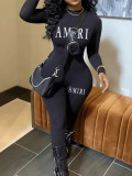 Women Letter Printed Black Casual Yoga Fitness Jumpsuit