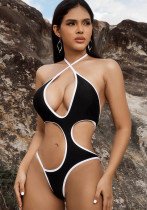 Women Bikini Black and White Contrast Hollow Lace-Up One-piece Swimwear