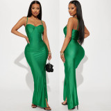 Women Sexy Suspender Slit Maxi Dress