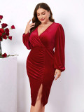 Plus Size Women Winter Sexy V Neck Bodycon Slit Long Sleeve Velvet Dress