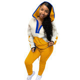 Women Autumn and Winter Casual Color Block Lamb Wool Hoodies Sports Two-piece Set