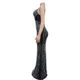 Fashion Women's Solid Color Mesh Beaded Straps Long Dress