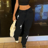 Sexy Low Rise Denim Embroidered Cutout Style Stretch Tight Fitting Pants