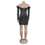 Women's Beaded Feather Off Shoulder Bodycon Dress