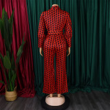 Women's Autumn and Winter V-neck Puff Sleeve Slim Waist Printed Wide Leg Plus Size African Jumpsuit