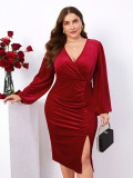 Plus Size Women Winter Sexy V Neck Bodycon Slit Long Sleeve Velvet Dress