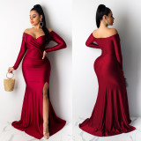 Women Sexy V-Neck Dress Solid Slit Long Sleeve Maxi Dress