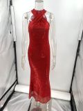Women Sexy Backless Sleeveless Sequin Maxi Evening Dress