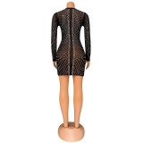 Women Sexy V-Neck Mesh Beaded See-Through Long Sleeve Dress