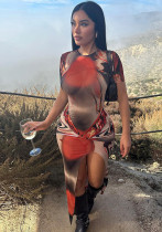 Women's Winter Fashion Sexy Printed Slim Slit Round Neck Short Sleeve Dress Women's Winter Fashion Sexy Printed Slim Slit Round Neck Short Sleeve Dress