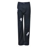 Sexy Low Rise Denim Embroidered Cutout Style Stretch Tight Fitting Pants