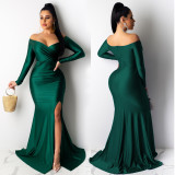 Women Sexy V-Neck Dress Solid Slit Long Sleeve Maxi Dress