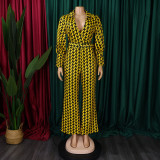 Women's Autumn and Winter V-neck Puff Sleeve Slim Waist Printed Wide Leg Plus Size African Jumpsuit