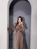 Chic Retro V-Neck Puff Sleeve Long Slim Waist Long-Sleeved Dress