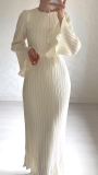Women's Fall Maxi Dress Chic Pleated Bell Bottom Sleeve Midi Dress