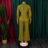 Women's Autumn and Winter V-neck Puff Sleeve Slim Waist Printed Wide Leg Plus Size African Jumpsuit