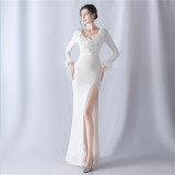 Feathers Sequins Long Sleeve Evening Dress
