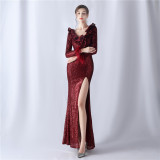Feathers Sequins Long Sleeve Evening Dress