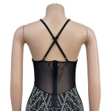 Fashion Women's Solid Color Mesh Beaded Straps Long Dress