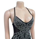 Fashion Women's Solid Color Mesh Beaded Straps Long Dress