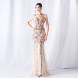 Floral Sequin Mesh Evening Dress
