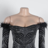 Women's Beaded Feather Off Shoulder Bodycon Dress