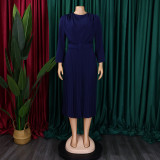 Plus Size African Women Chic Elegant Pleated Career Solid Dress