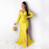 Women Sexy V-Neck Dress Solid Slit Long Sleeve Maxi Dress