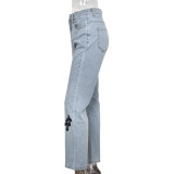 Sexy Low Rise Denim Embroidered Cutout Style Stretch Tight Fitting Pants