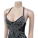 Fashion Women's Solid Color Mesh Beaded Straps Long Dress