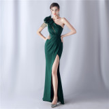 Flowers Rhinestone Tassels One Shoulder Evening Dress