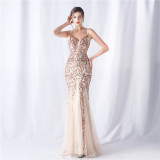 Floral Sequin Mesh Evening Dress