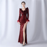Feathers Sequins Long Sleeve Evening Dress
