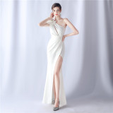 Flowers Rhinestone Tassels One Shoulder Evening Dress