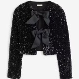 Autumn And Winter Women's Round Neck Long Sleeve Loose Plus Size Sexy Sequined Cropped Top