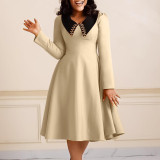 African Women Solid Long Sleeve Turndown Collar Elegant Dress
