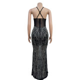 Fashion Women's Solid Color Mesh Beaded Straps Long Dress