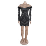 Women's Beaded Feather Off Shoulder Bodycon Dress