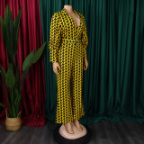 Women's Autumn and Winter V-neck Puff Sleeve Slim Waist Printed Wide Leg Plus Size African Jumpsuit