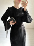 Women's Fall Maxi Dress Chic Pleated Bell Bottom Sleeve Midi Dress